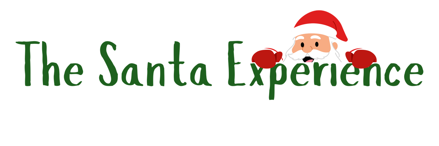 The Santa Experience logo featuring festive green text with a cheerful Santa Claus peeking over the letters.