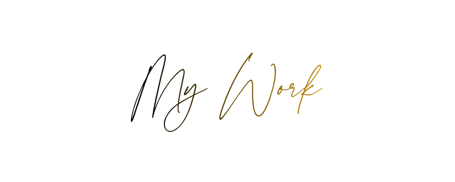 Elegant cursive script reading My Work in black and gold handwritten calligraphy on a white background.