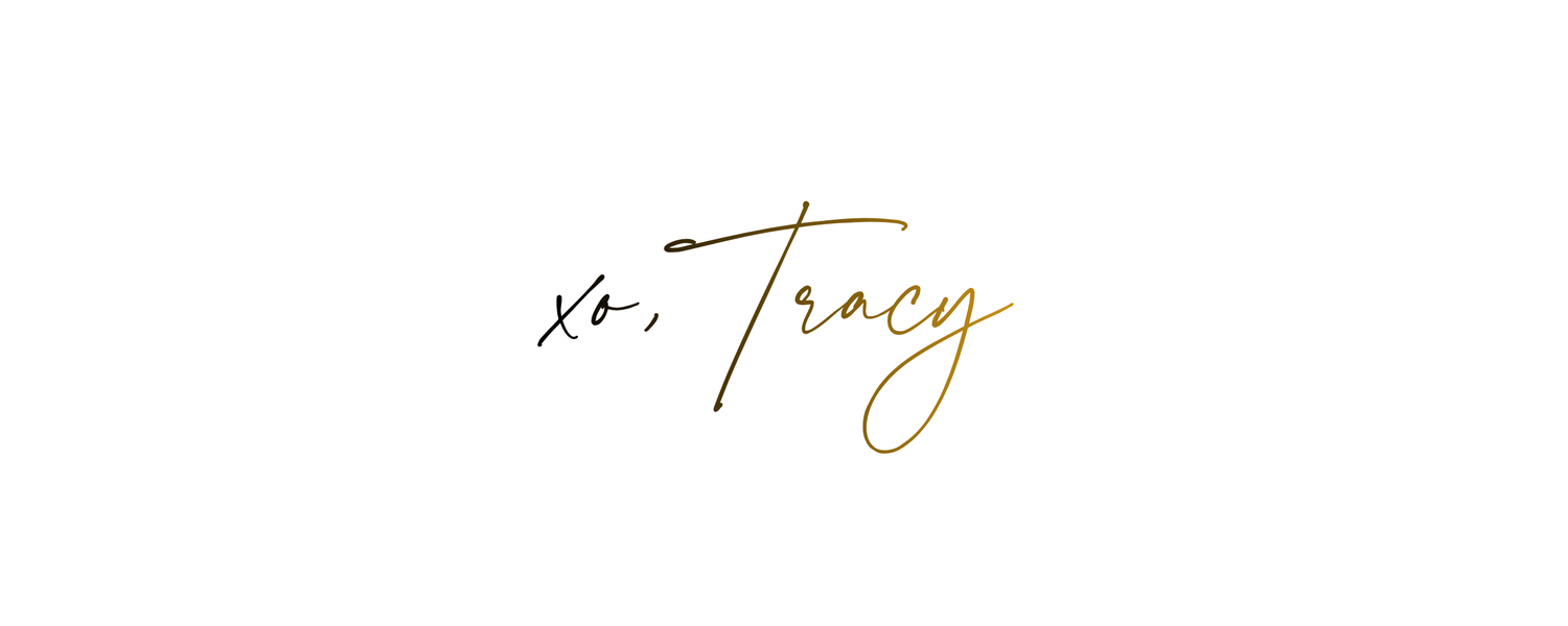 Elegant handwritten signature reading xo Tracy in gold and black cursive script on white background.