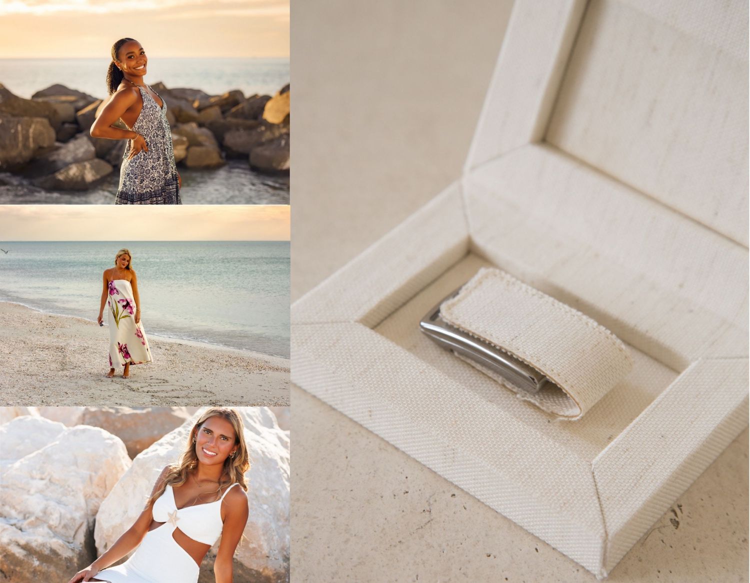 A collage of senior beach portraits with a USB drive in a keepsake wooden box on sand.