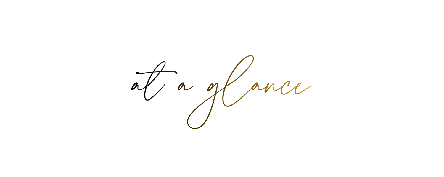 Elegant cursive script reading at a glance in black and gold calligraphy on a white background.