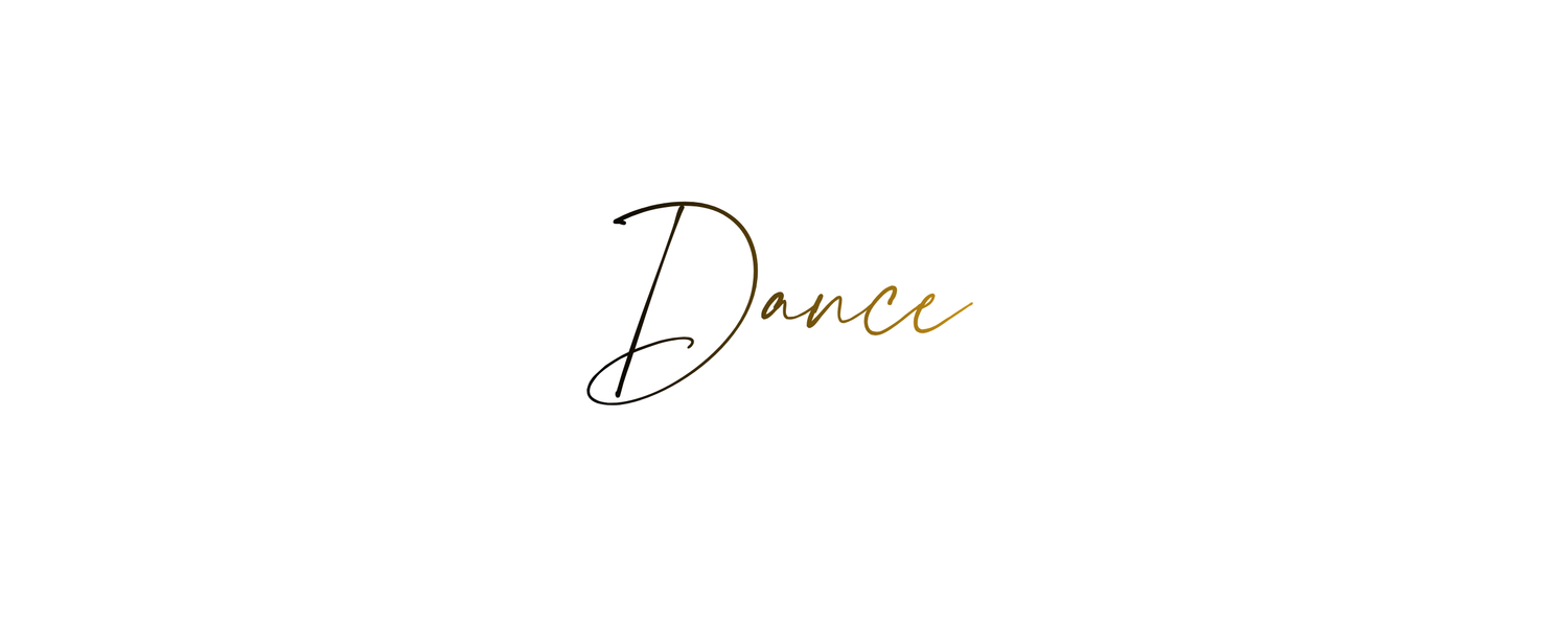 Elegant cursive gold and black Dance text logo signature on white background.
