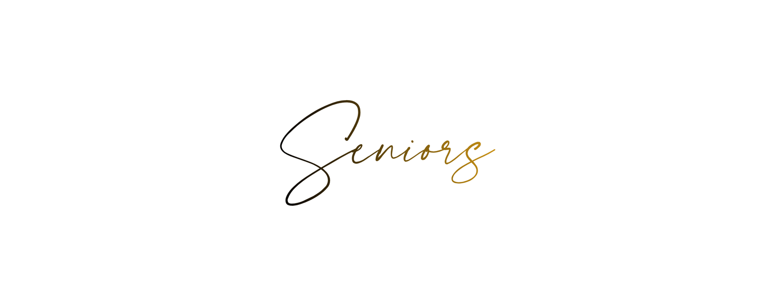 Elegant cursive script spelling Seniors in black and gold calligraphy on a white background.