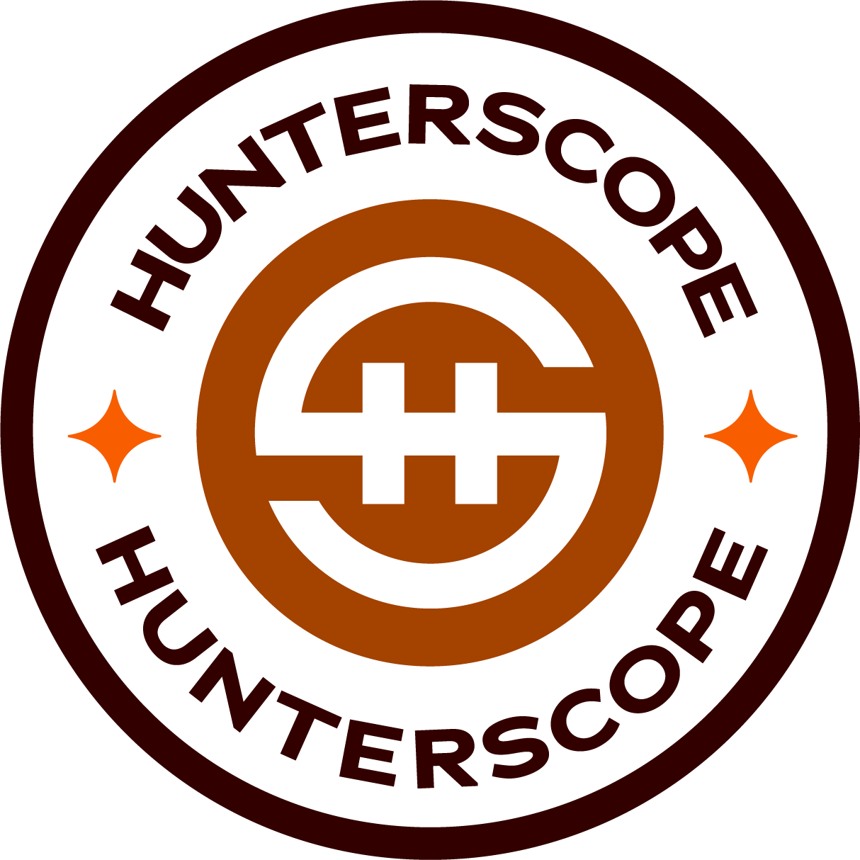 Circular Hunterscope badge logo with orange and brown mark on a light background