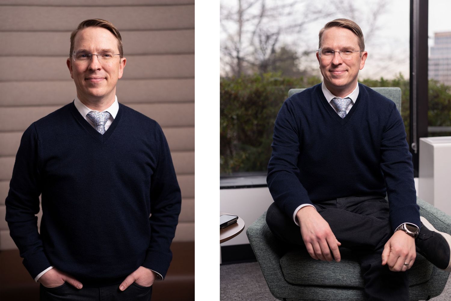 Professional man in navy sweater poses for corporate headshots in two settings: standing and seated in modern office environments.