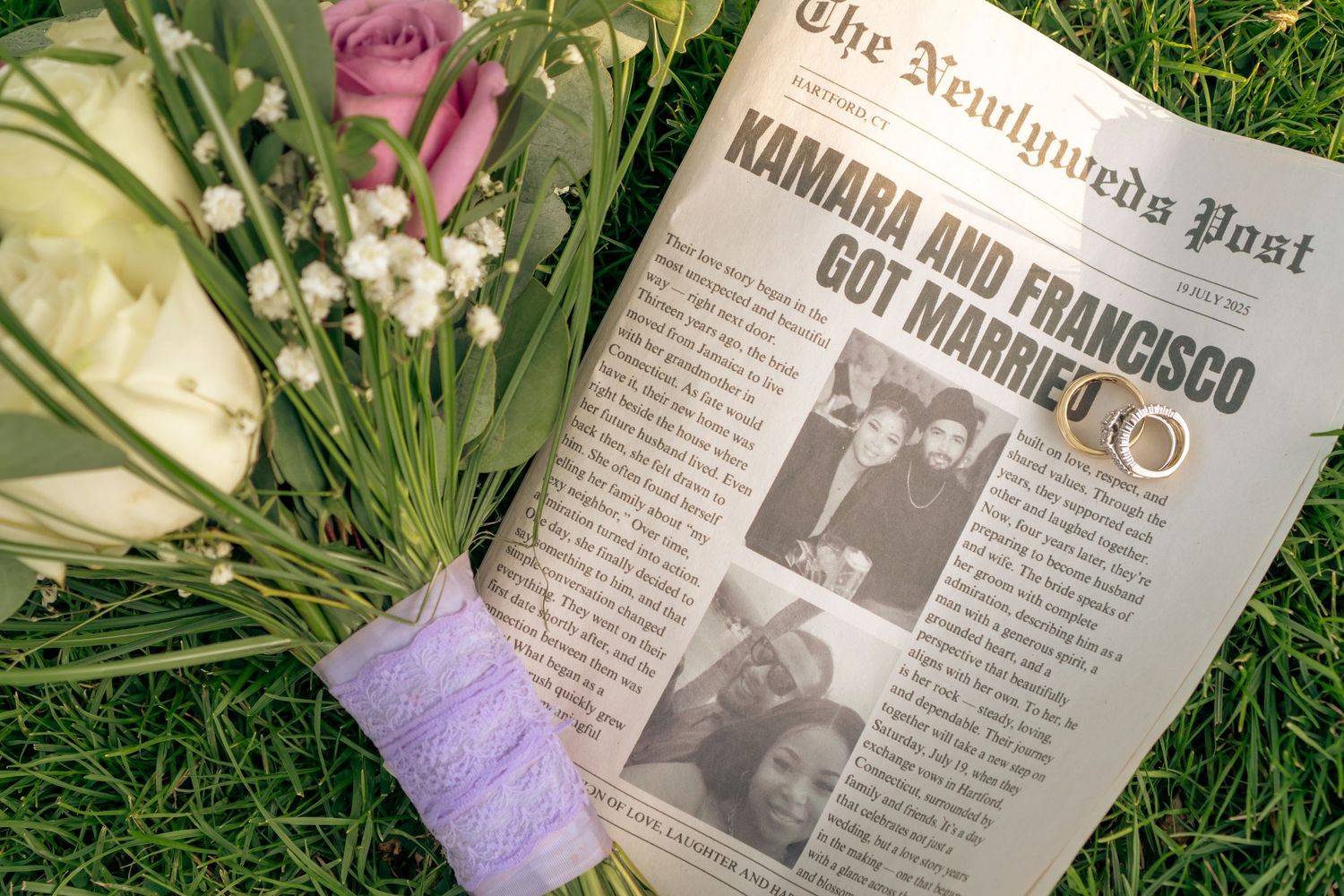 Wedding newspaper keepsake reading Kamara and Francisco Got Married placed beside a bridal bouquet on grass.