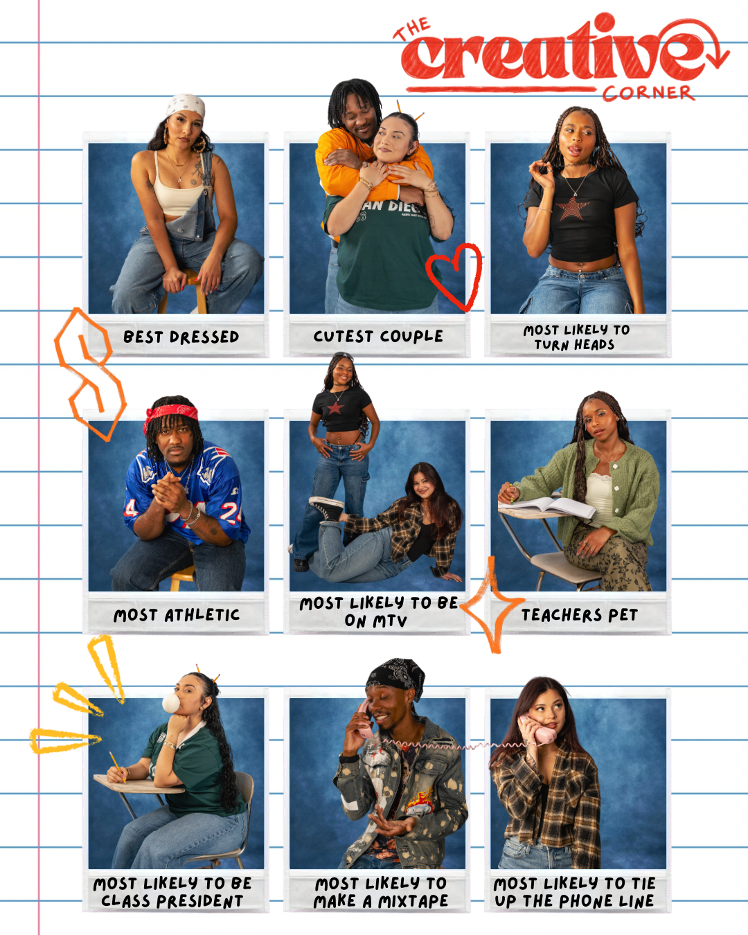 Yearbook-style superlatives collage on notebook paper showing nine students posing in polaroid frames, from Best Dressed to Most Likely to T