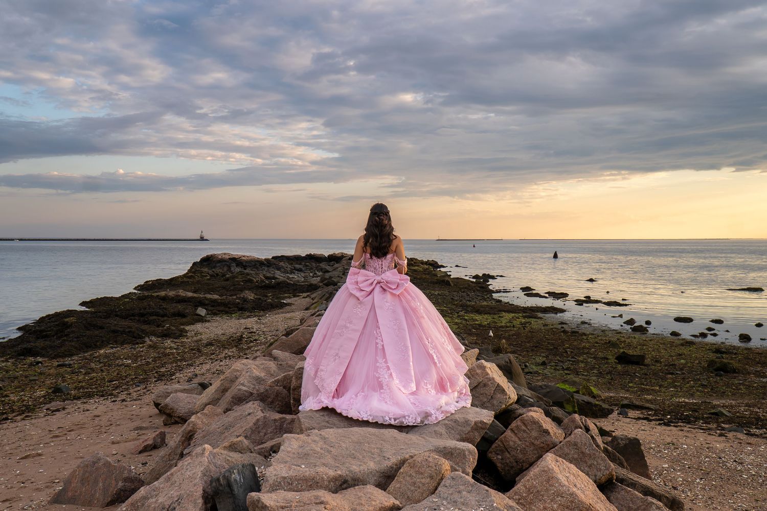 Young woman in pink ball gown standing on rocky shoreline at sunset, viewed from behind.
