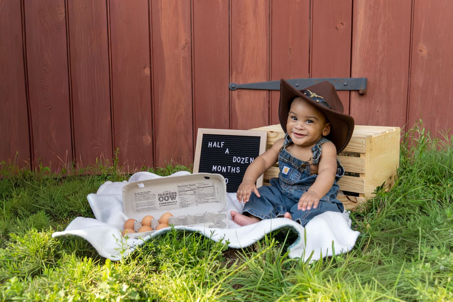 Baby in cowboy hat sits on blanket with eggs and half dozen months sign by red barn.
