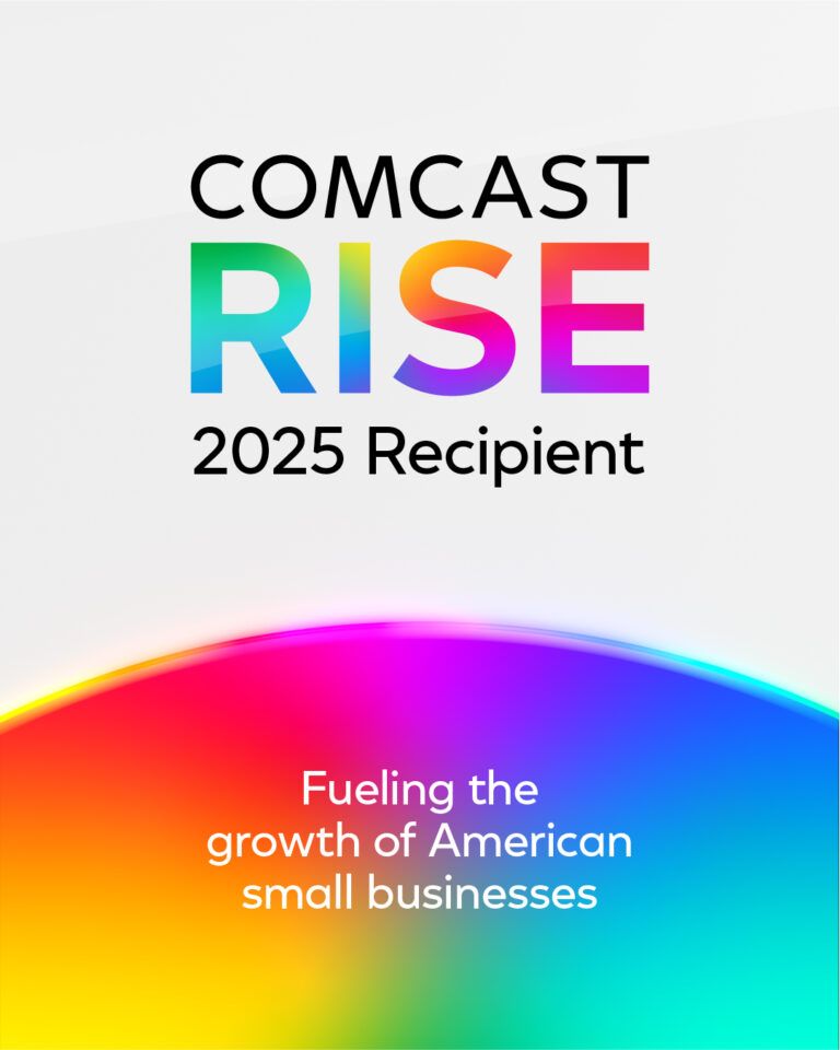 Vibrant rainbow gradient banner with Comcast 2025 Recipient text showcasing support for American small business growth.