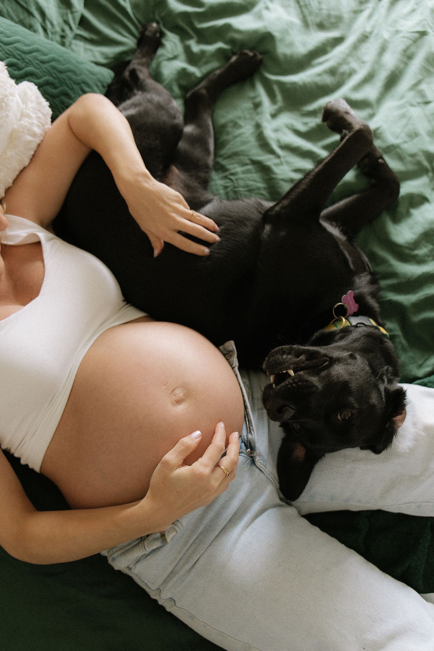 Pregnant woman in white top lies on green bed with two black dogs resting against her belly.