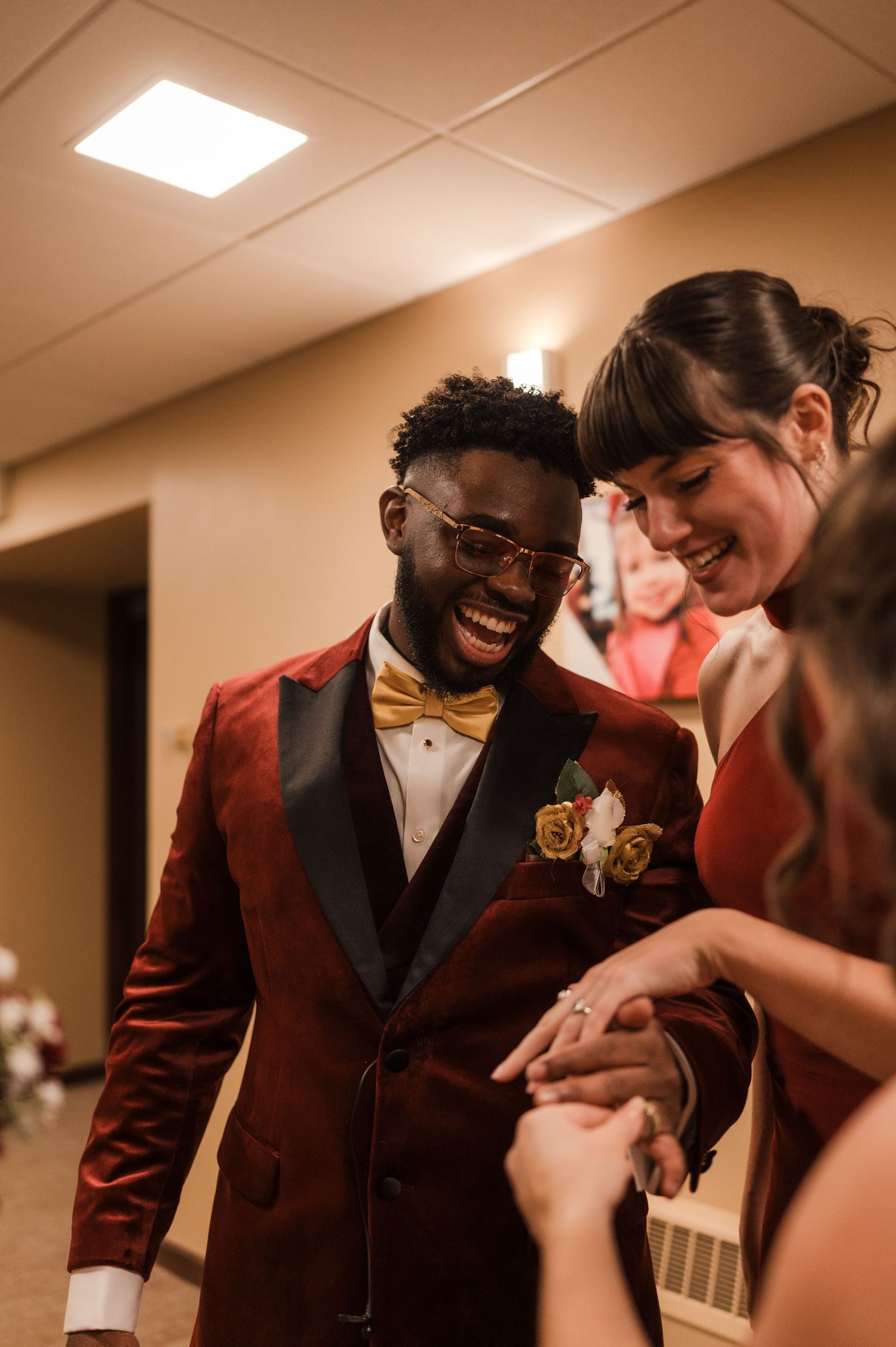 A sequence of candid moments showing joyful laughter and interactions at a wedding preparation in a warm-lit indoor setting.