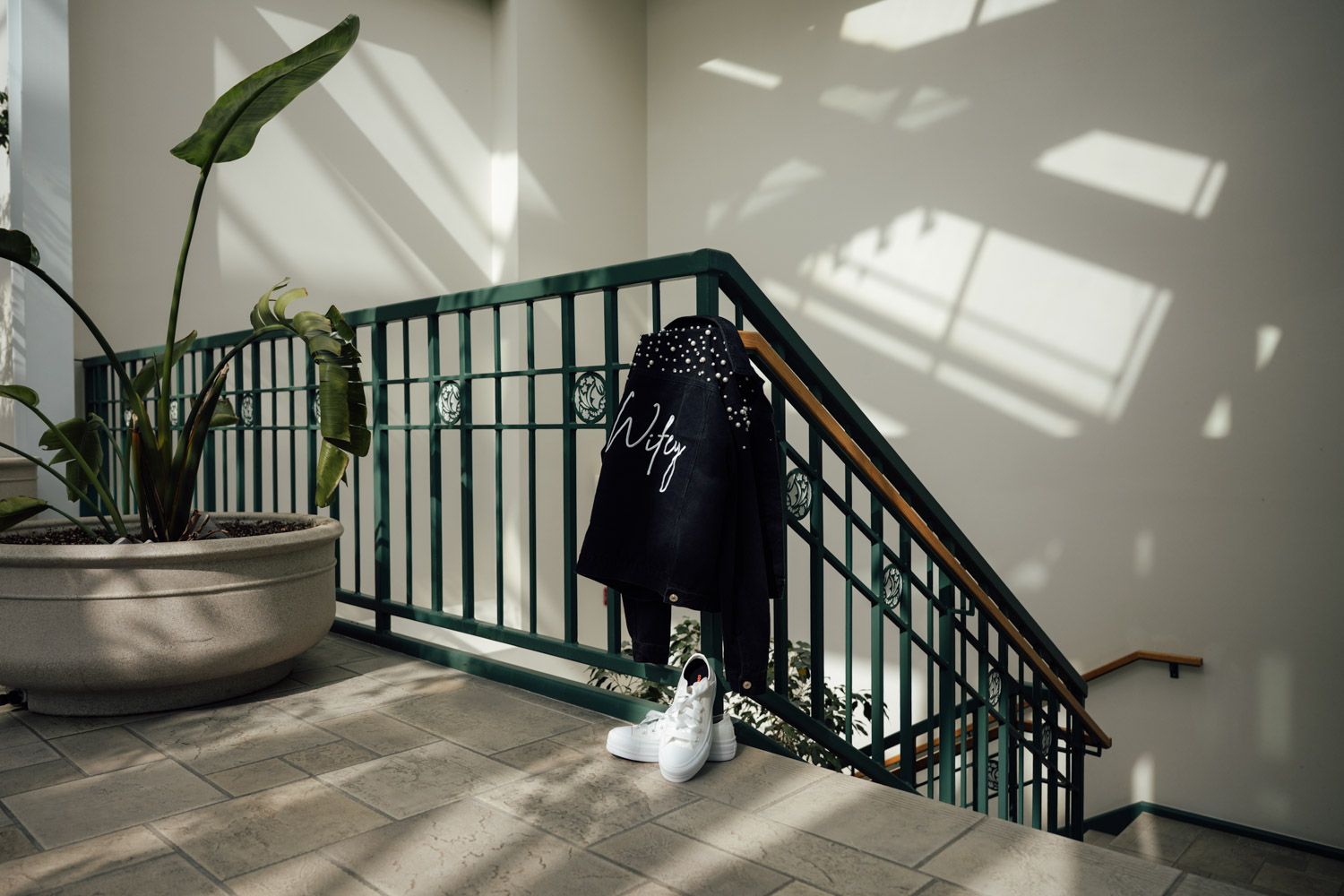 A black jacket hangs on green stair railing in a sunlit building entryway with a potted plant nearby.