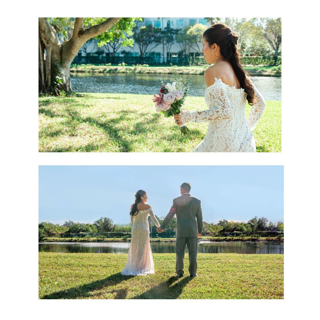 Wedding portrait of a bride and groom by the water. Fine art portrait photography session in a Columbus park by Ana Zambrano Photography