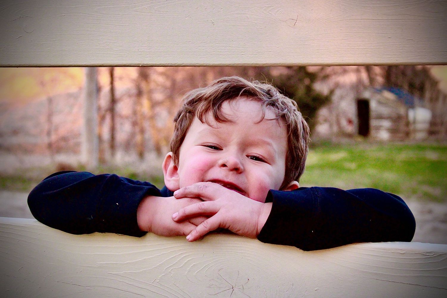 A toddler leaning on a fence and smiling with trees in the background on a farm.