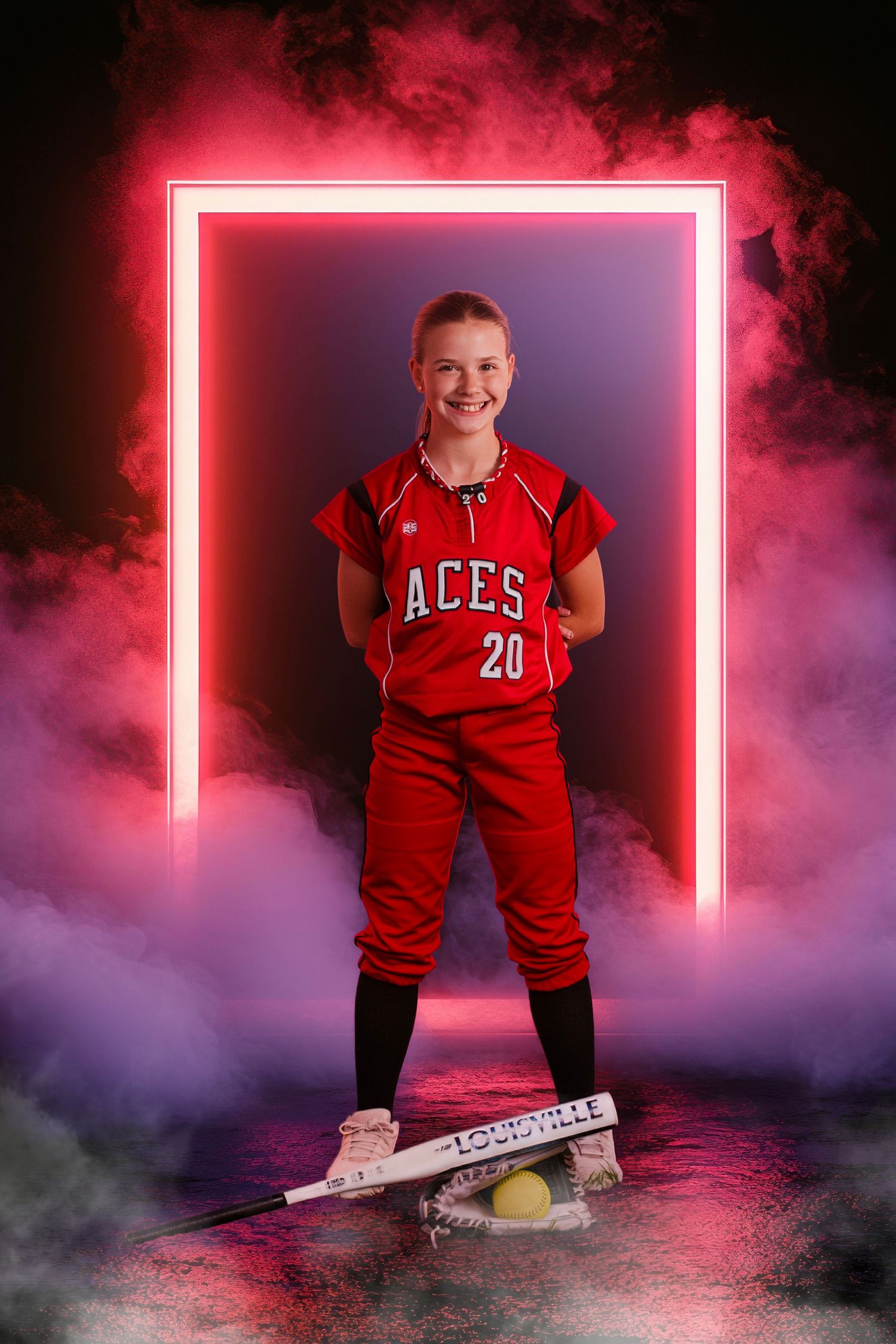 Youth softball player media day portrait by AC² Sports Photography