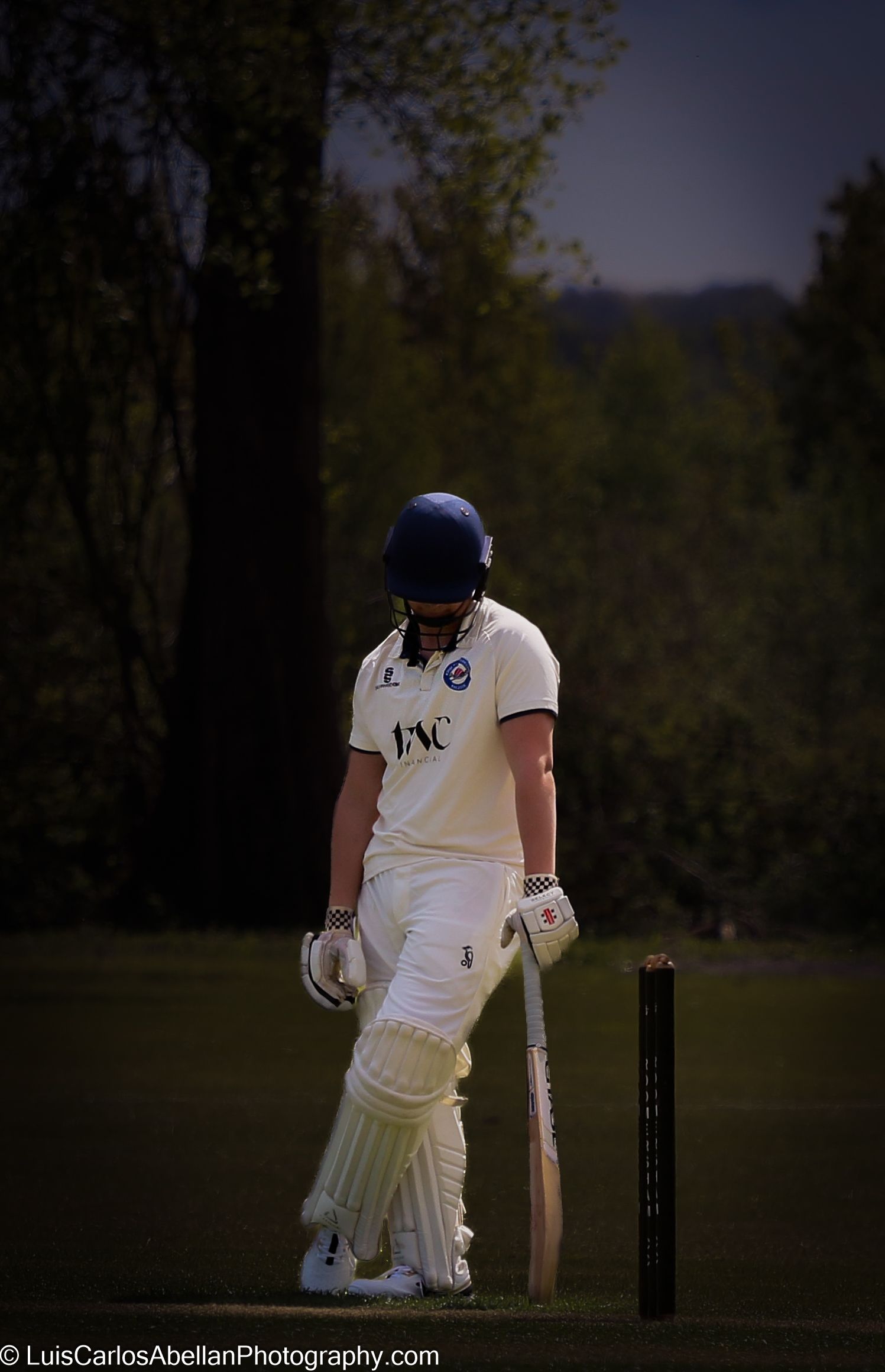 Cricket batsman standing at the crease during a match in Kings Hill. Captured by Luis Carlos Abellan Photography.