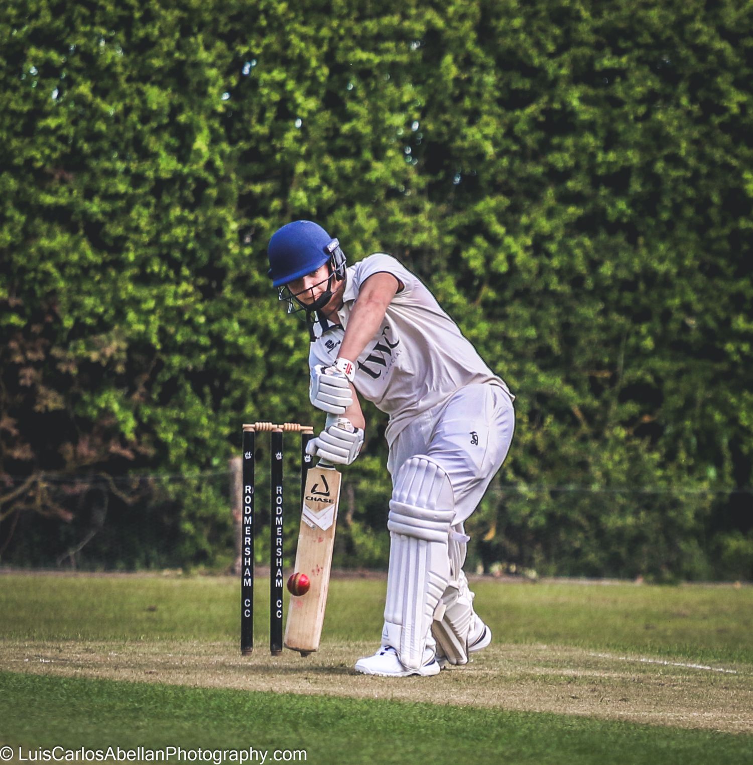 Batsman playing a controlled shot during a cricket match in Kent, captured by Luis Carlos Abellan Photography.