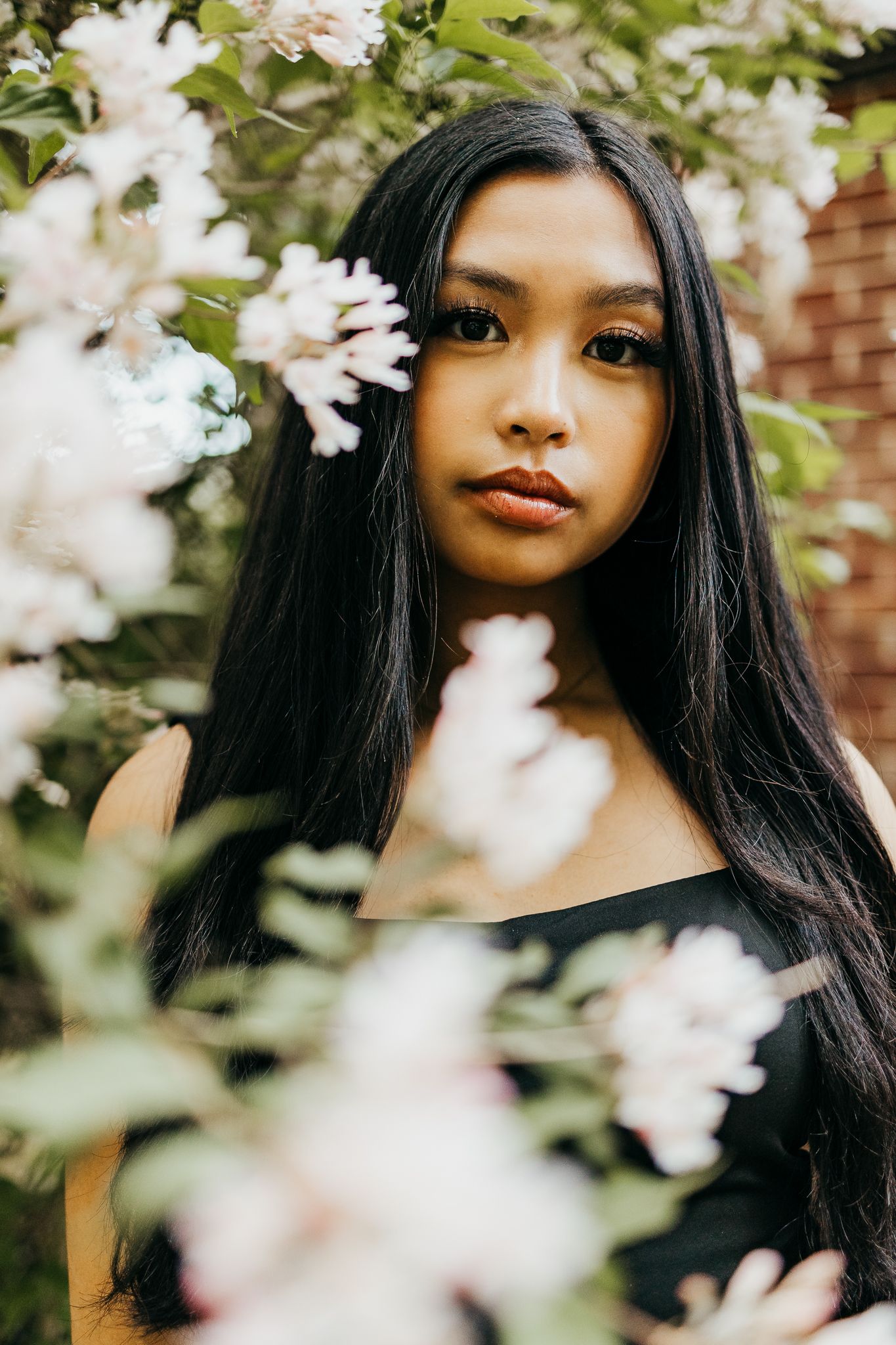 high school senior girl in a flower tree for senior photos in Waynesville missouri