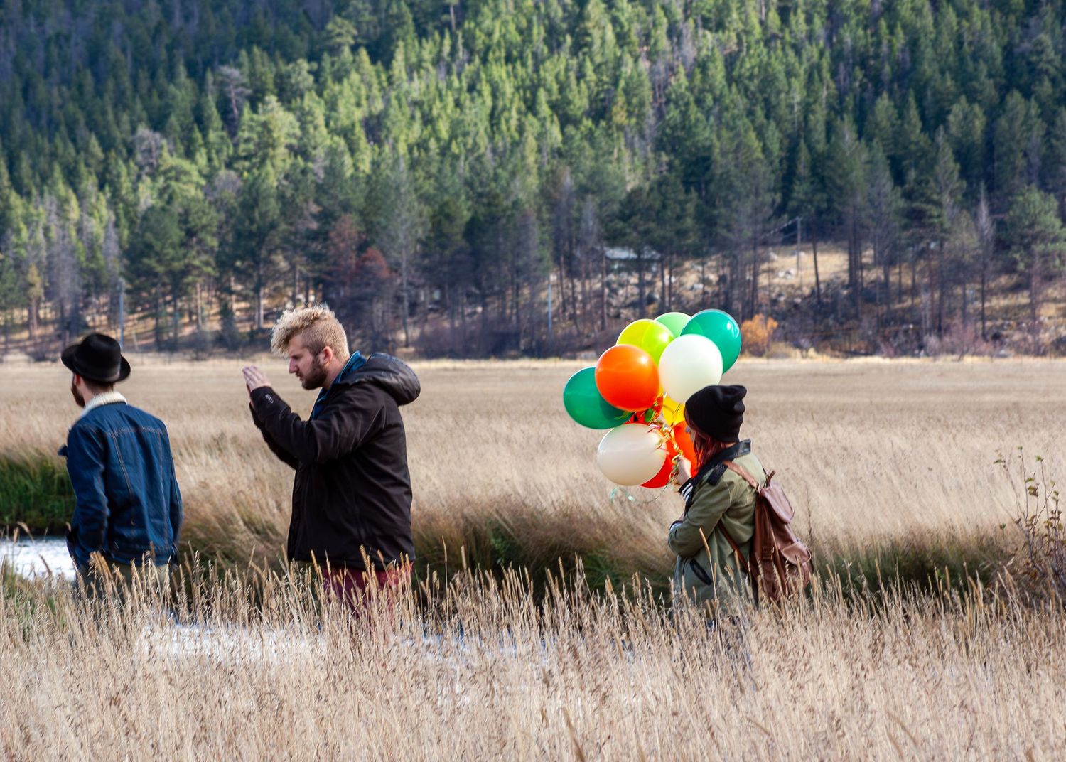Three people walking through golden meadow with colorful balloons near pine forest.