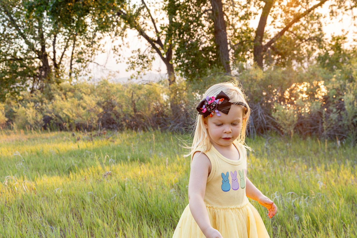 A young girl in a yellow dress and floral crown walks through a sunlit green meadow with trees in the background.