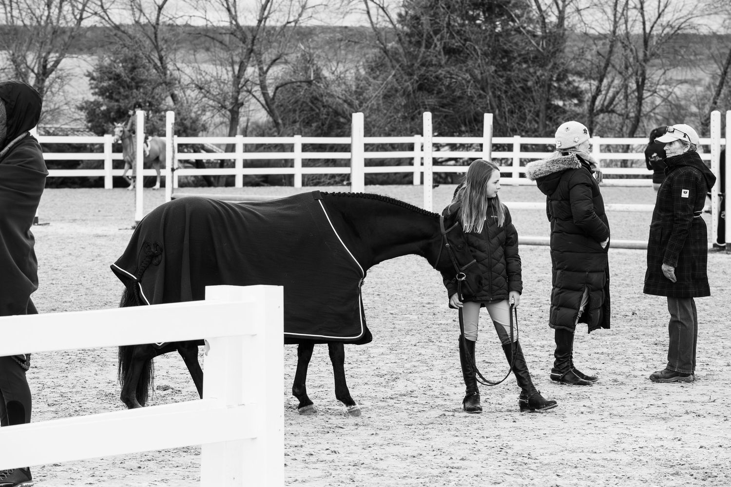 Horse in a blanket being led by a rider while spectators watch at an equestrian event.