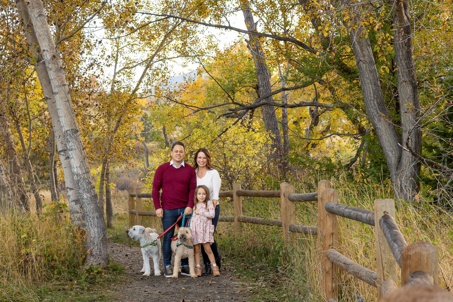 Family with young daughter and white dog posing on a scenic autumn trail surrounded by golden foliage.