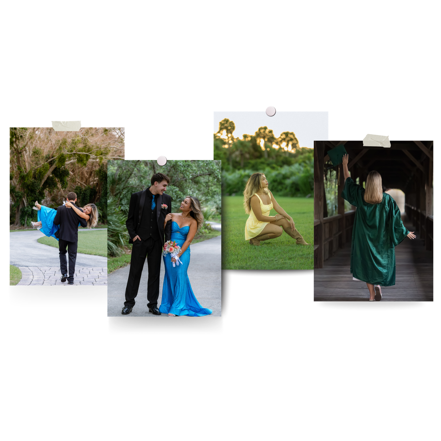 Collage pictures of senior session, graduate session, and couples prom session.