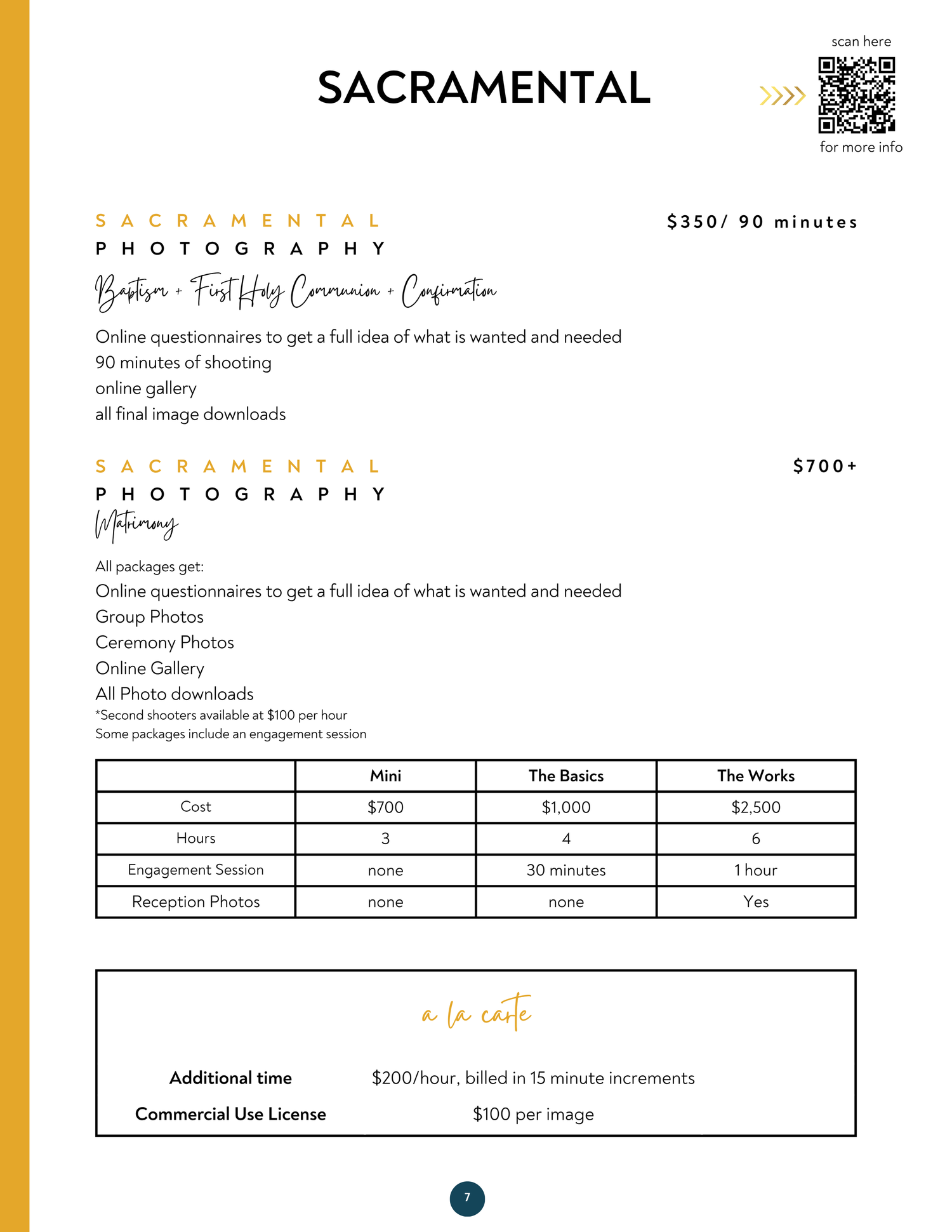 Sacramental Photography pricing guide showing wedding packages from $350 to $700+ with mini, basics, and works tiers.