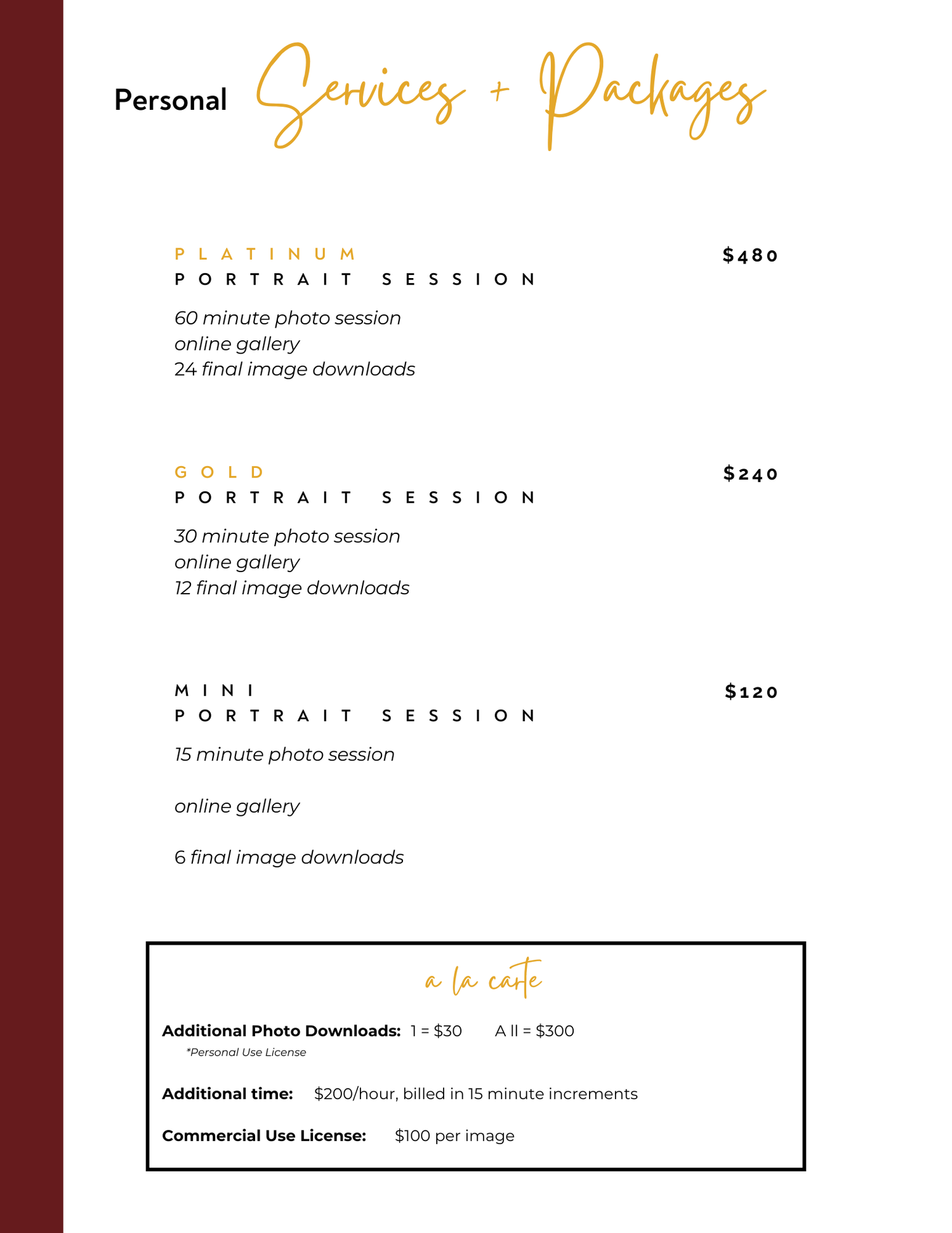 Photography pricing menu showing different portrait session packages and prices on a burgundy background.