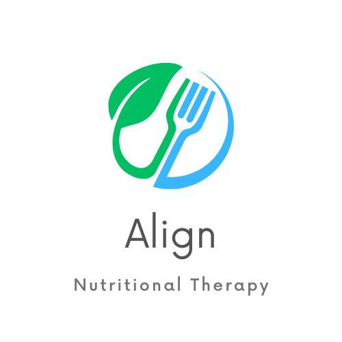 A modern logo design for Align Nutritional Therapy featuring a green leaf and blue fork symbol in a circular shape.