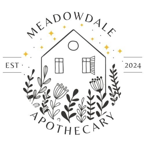 Meadowdale Apothecary logo with house illustration surrounded by floral elements and stars.