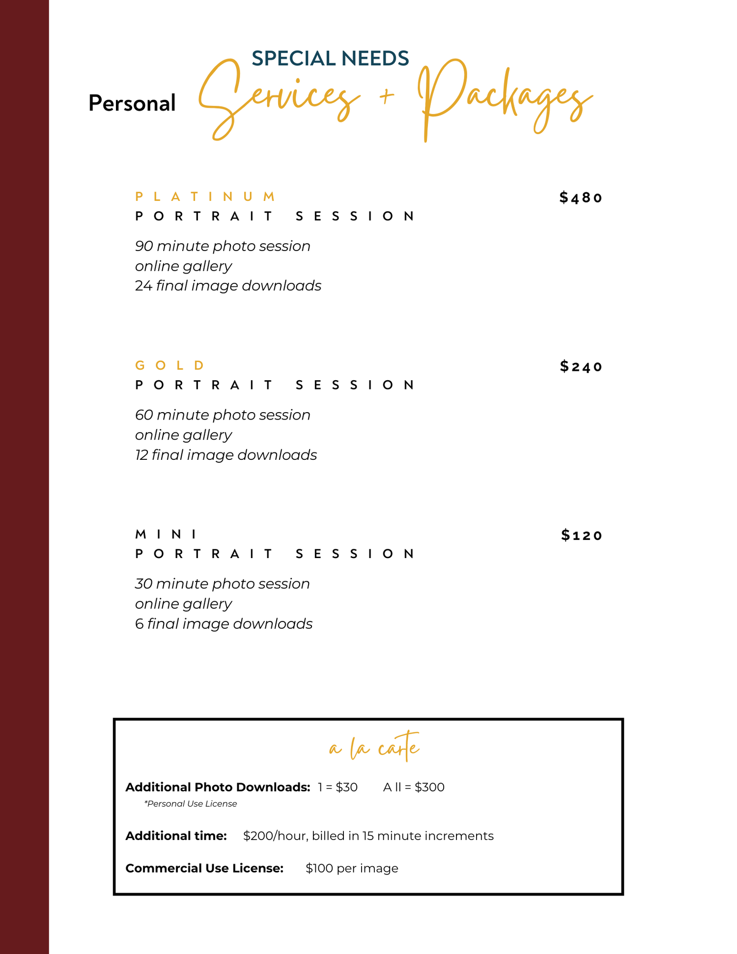 Photography pricing menu showing services and packages with elegant script text and muted burgundy background.