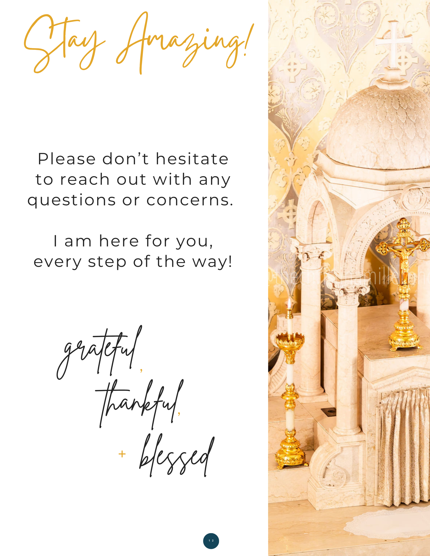 A decorative card with Stay Amazing text, grateful thankful blessed script, and a golden church altar photo.
