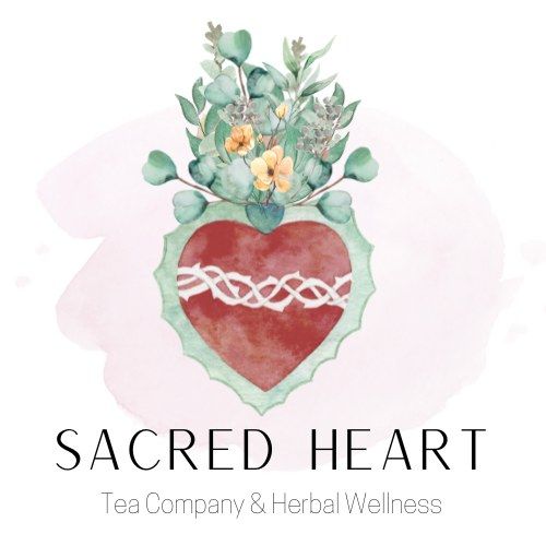 Watercolor logo for Sacred Heart Tea Company featuring floral arrangement atop red heart with celtic knot.