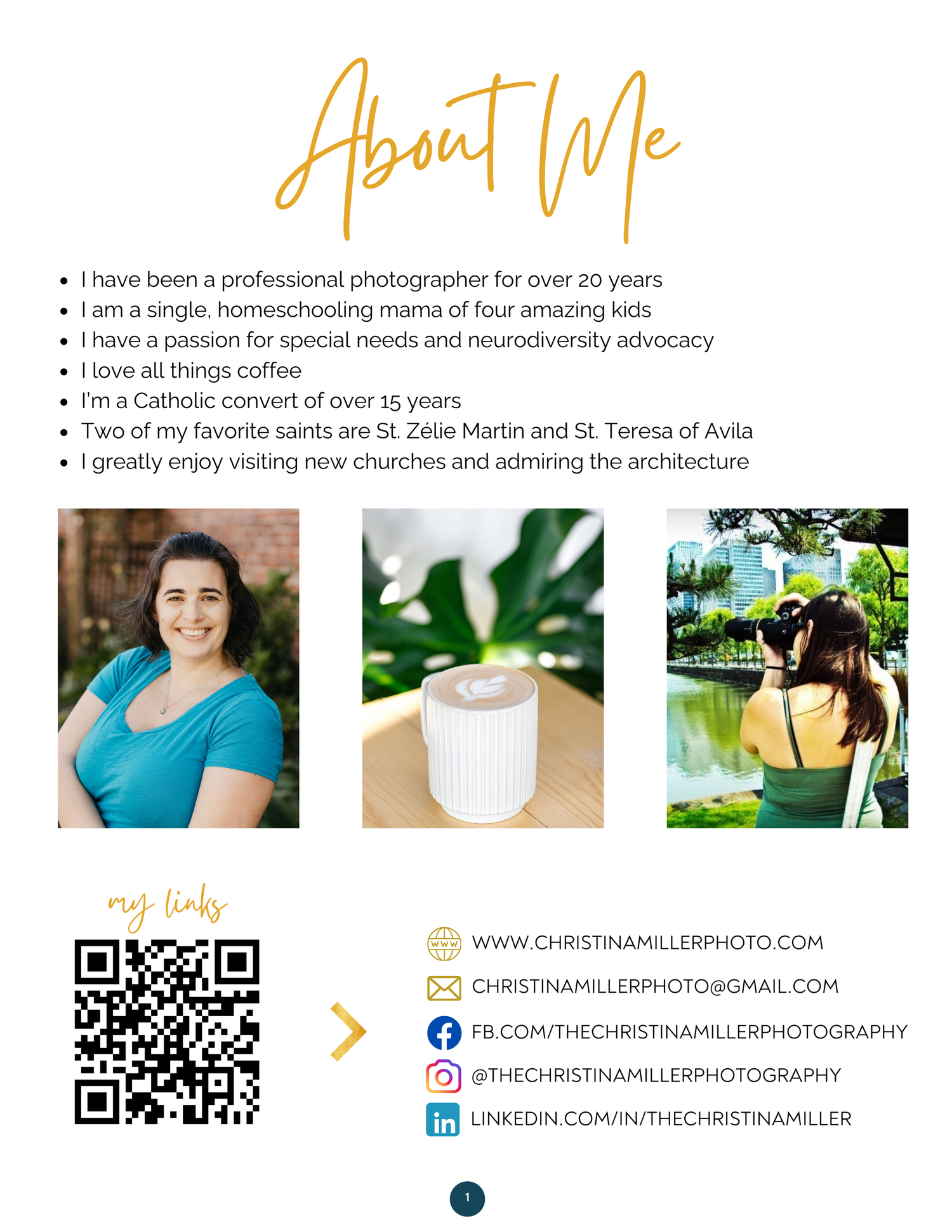 About Me page of a Catholic homeschooling photographer mom showcasing personal photos, social links, and QR code on white background.