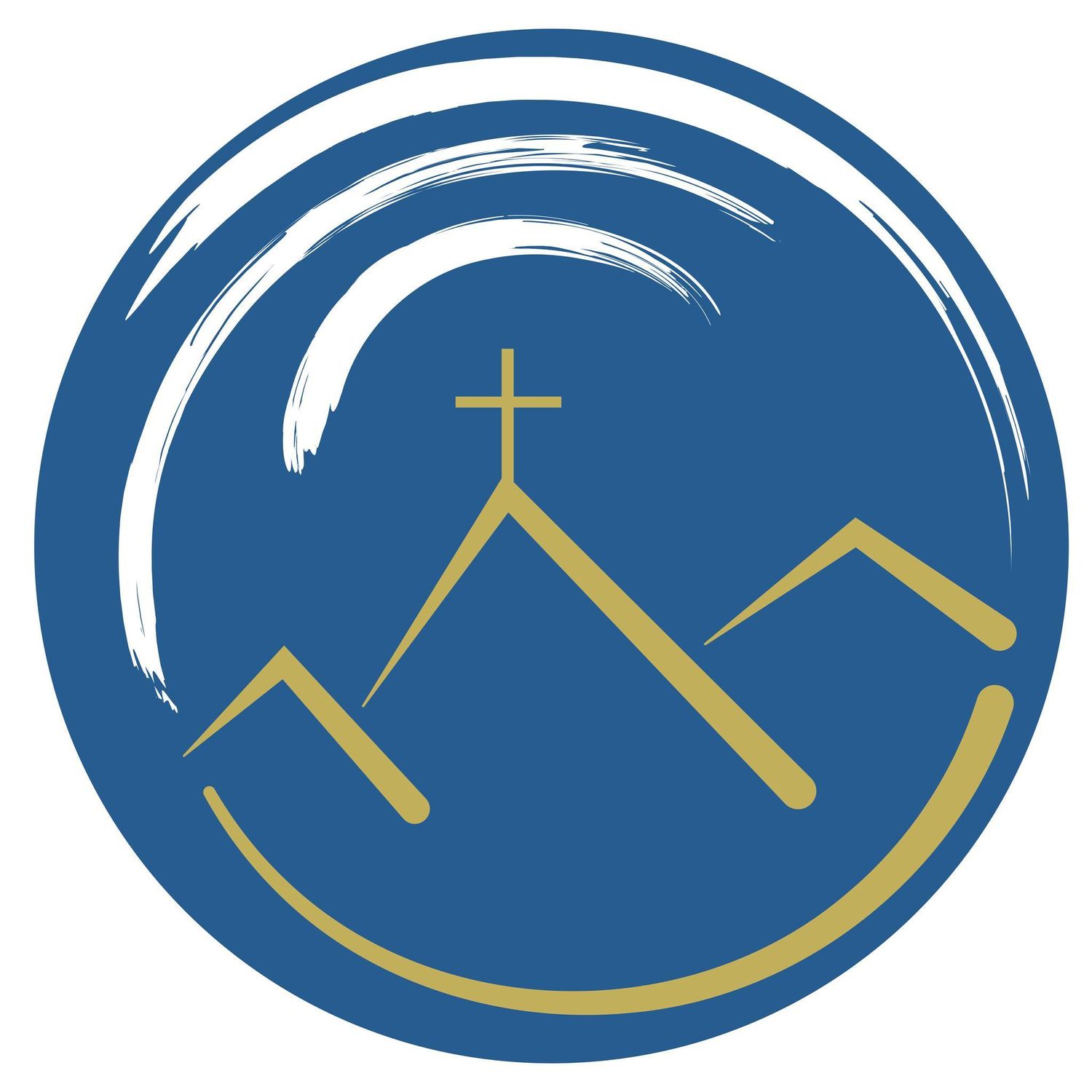 Simple logo design featuring golden mountains and cross on a blue circular background.
