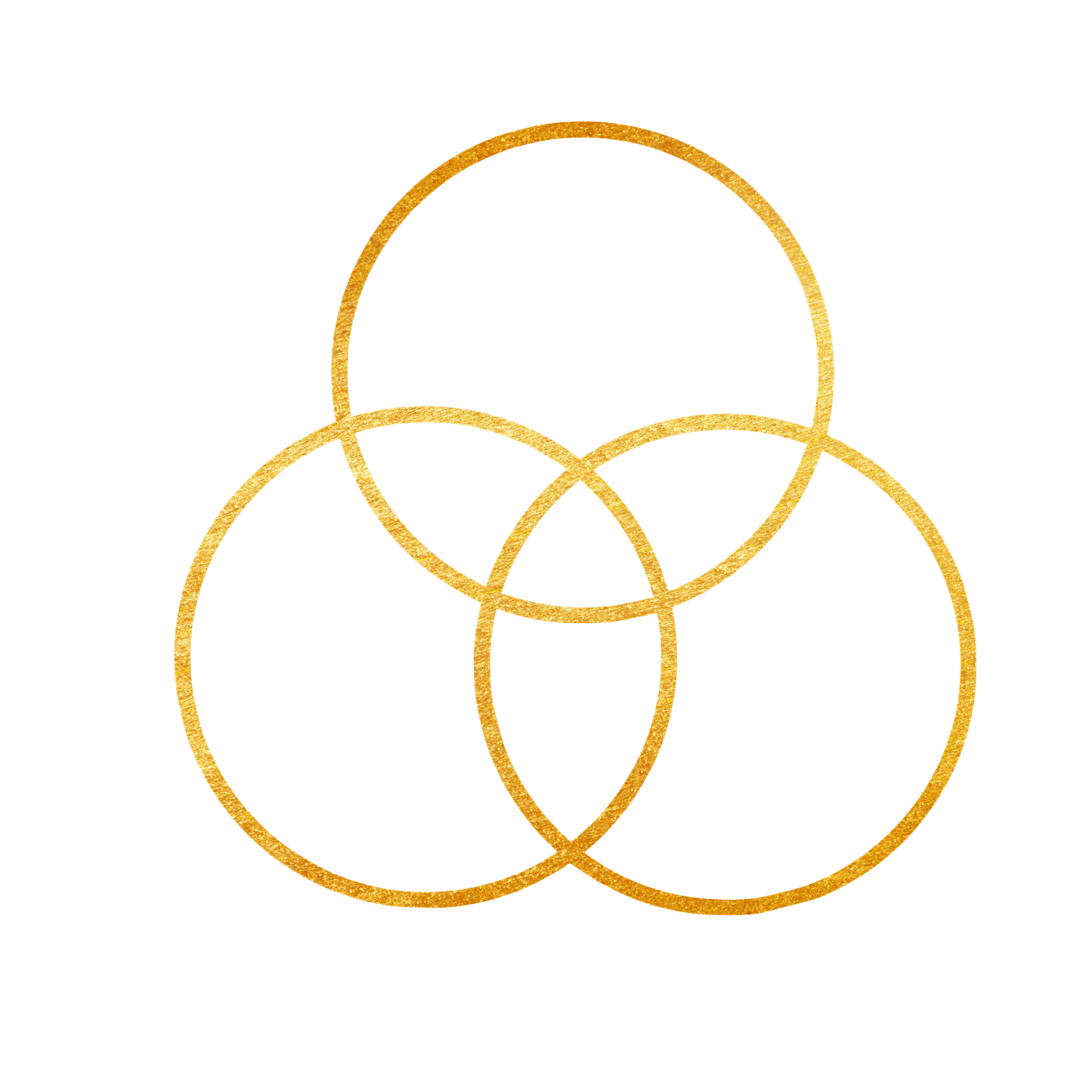 Three overlapping golden rings arranged in a horizontal pattern against a white background.