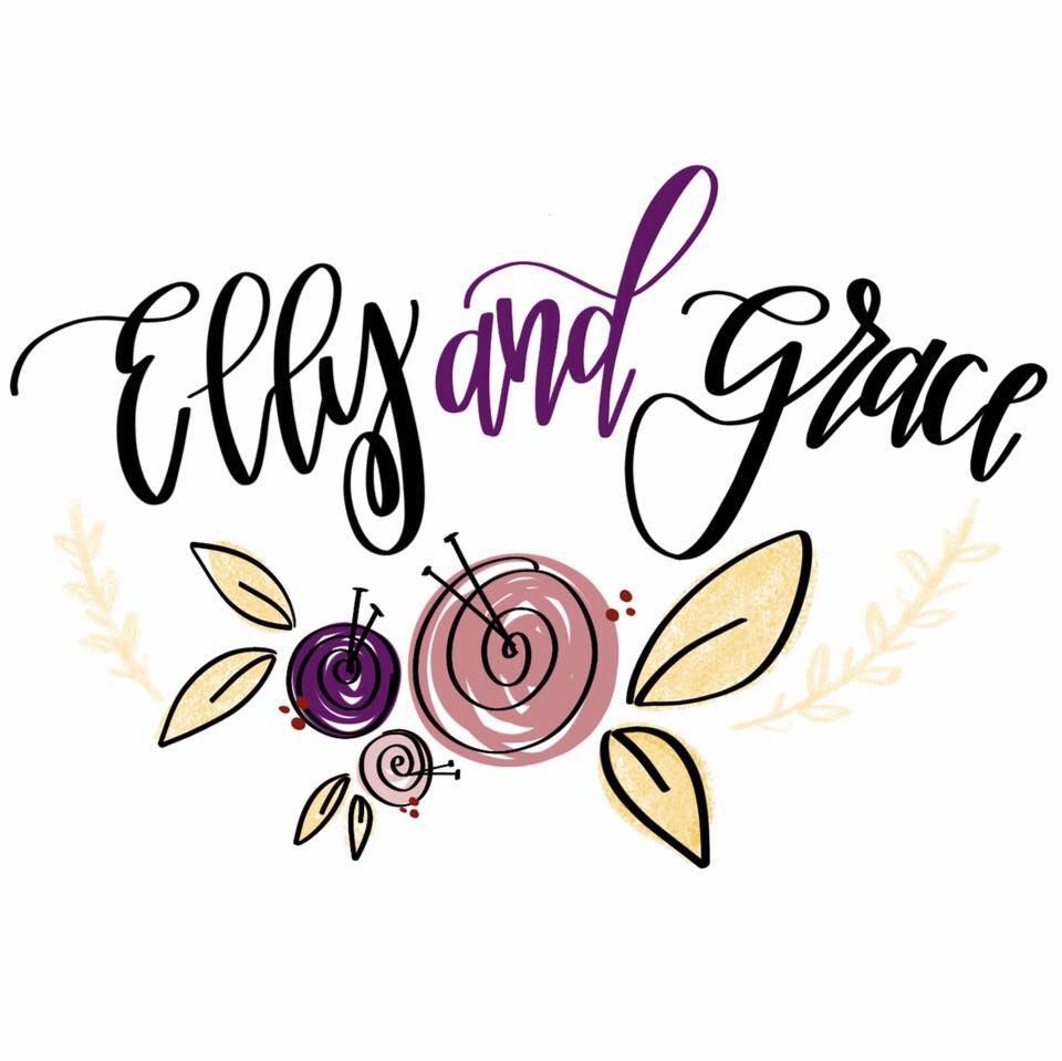 Hand-lettered logo design with purple and pink roses and gold leaves reading Elly and Grace.