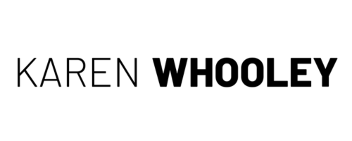 Minimalist black text logo design reading 'Karen Whooley' in mixed fonts.