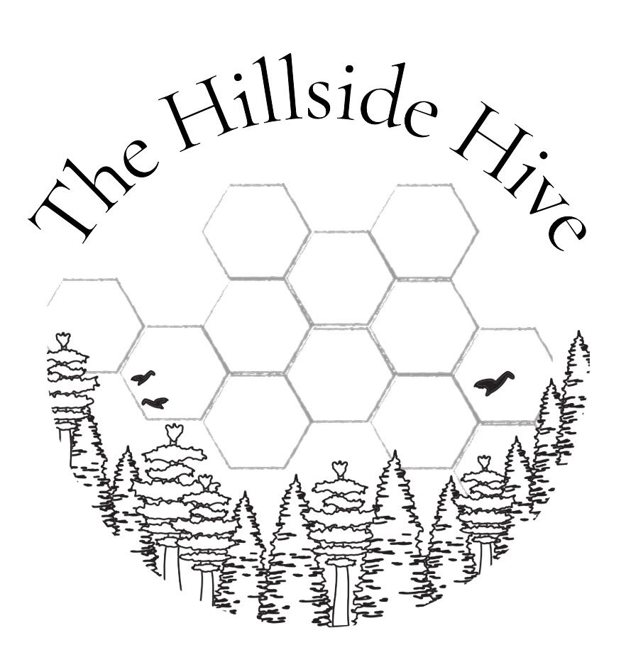 Circular logo with honeycomb pattern and pine forest silhouette for The Hillside Hive.