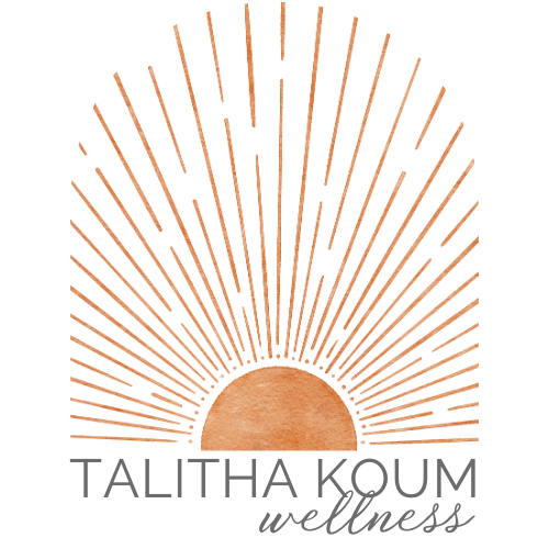 Geometric sun rays design in copper color with arched window frame and Talitha Koum Wellness text.
