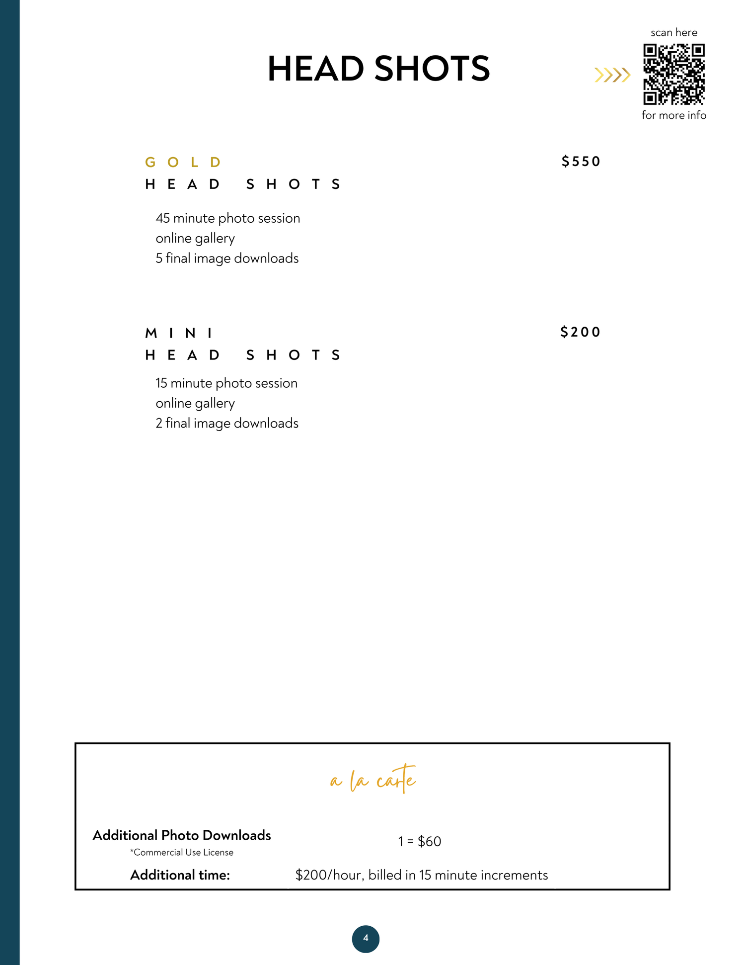 Professional head shots photography pricing menu showing Gold at $550 and Mini at $200 packages with session details.