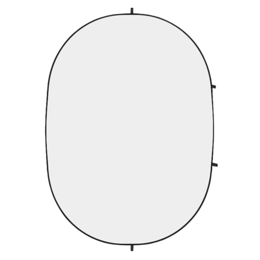 A minimal oval-shaped black and white photography reflector or diffuser with multiple mounting points around the edge.