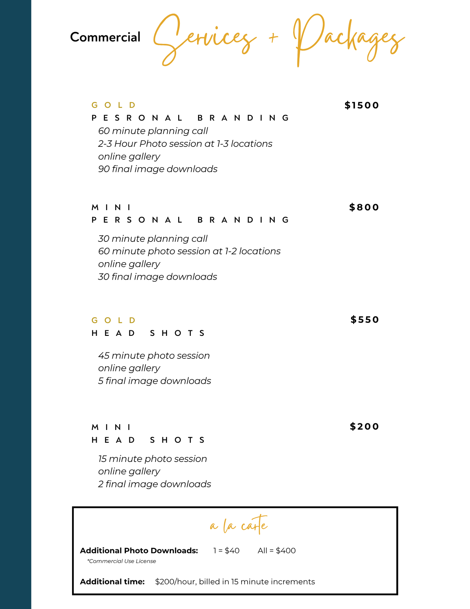 Photography pricing menu showing commercial packages and session options with gold and teal color scheme.