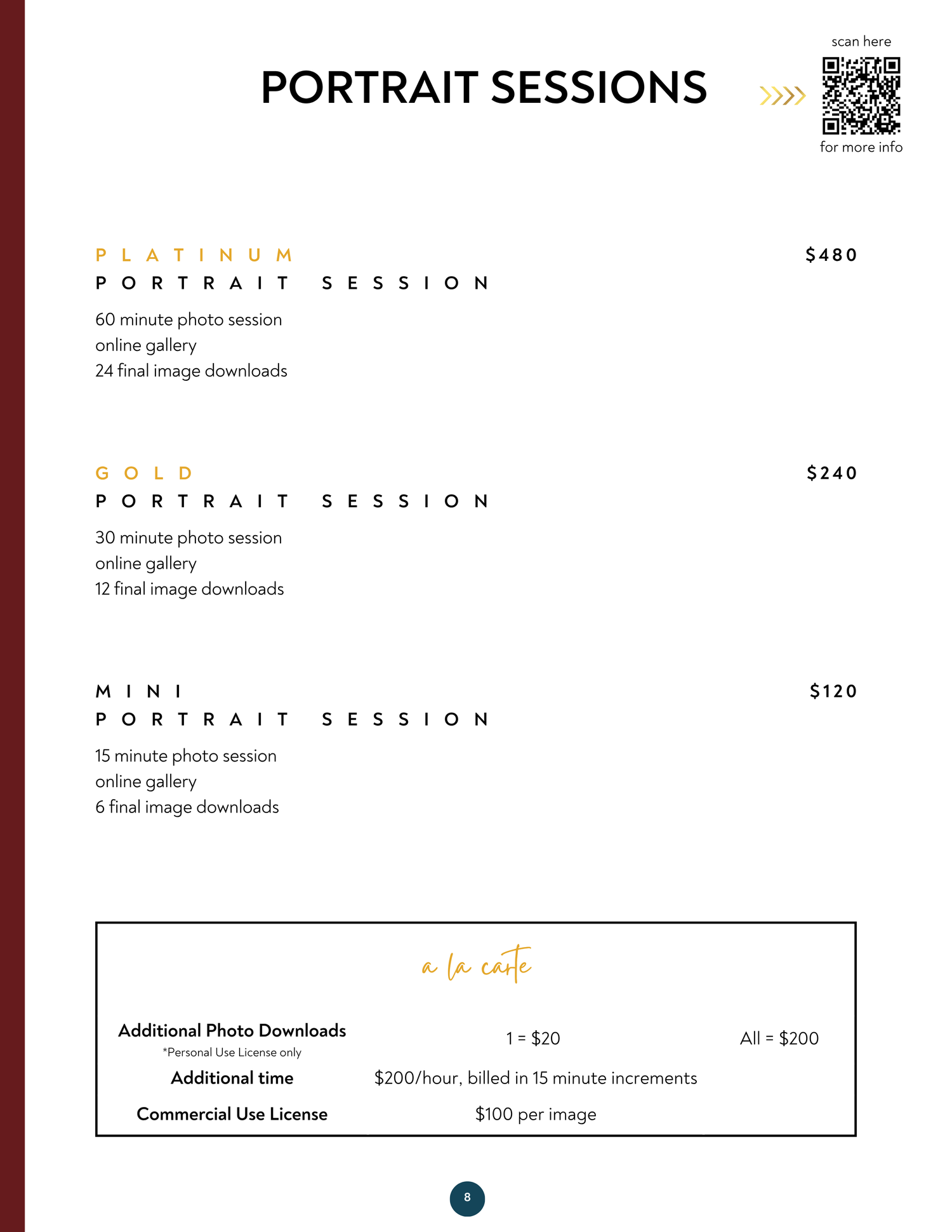 Portrait sessions pricing guide showing Platinum $480, Gold $240, and Mini $120 packages with photo session details and a la carte options.