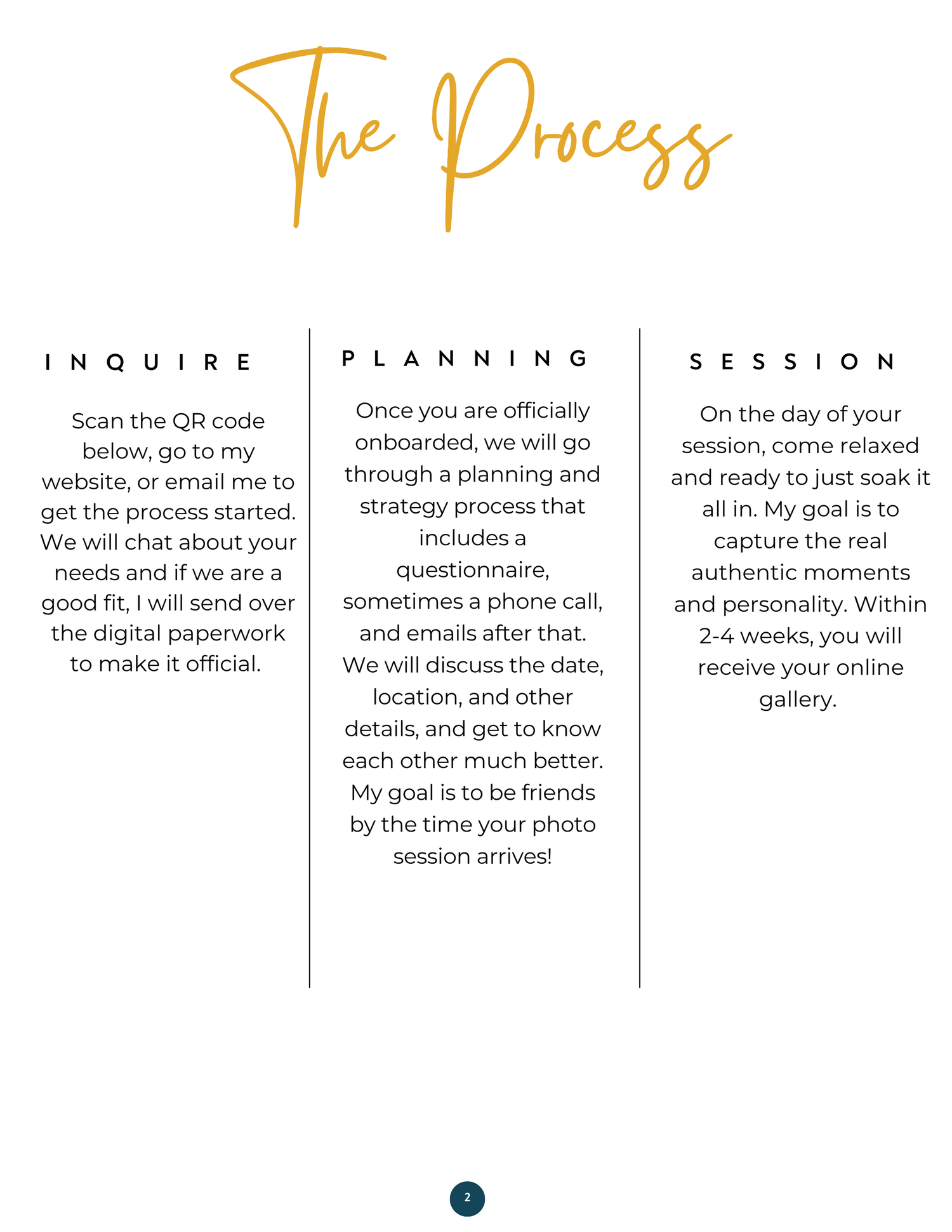 Photography process guide outlining three steps: Inquire, Planning, and Session, with details on booking a photo session.