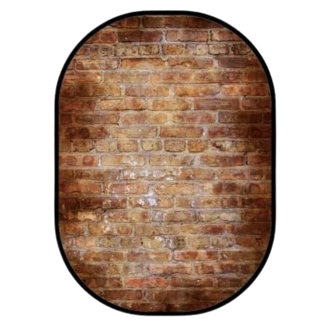 Weathered brown brick wall photography backdrop with arched oval shape and vintage rustic texture.