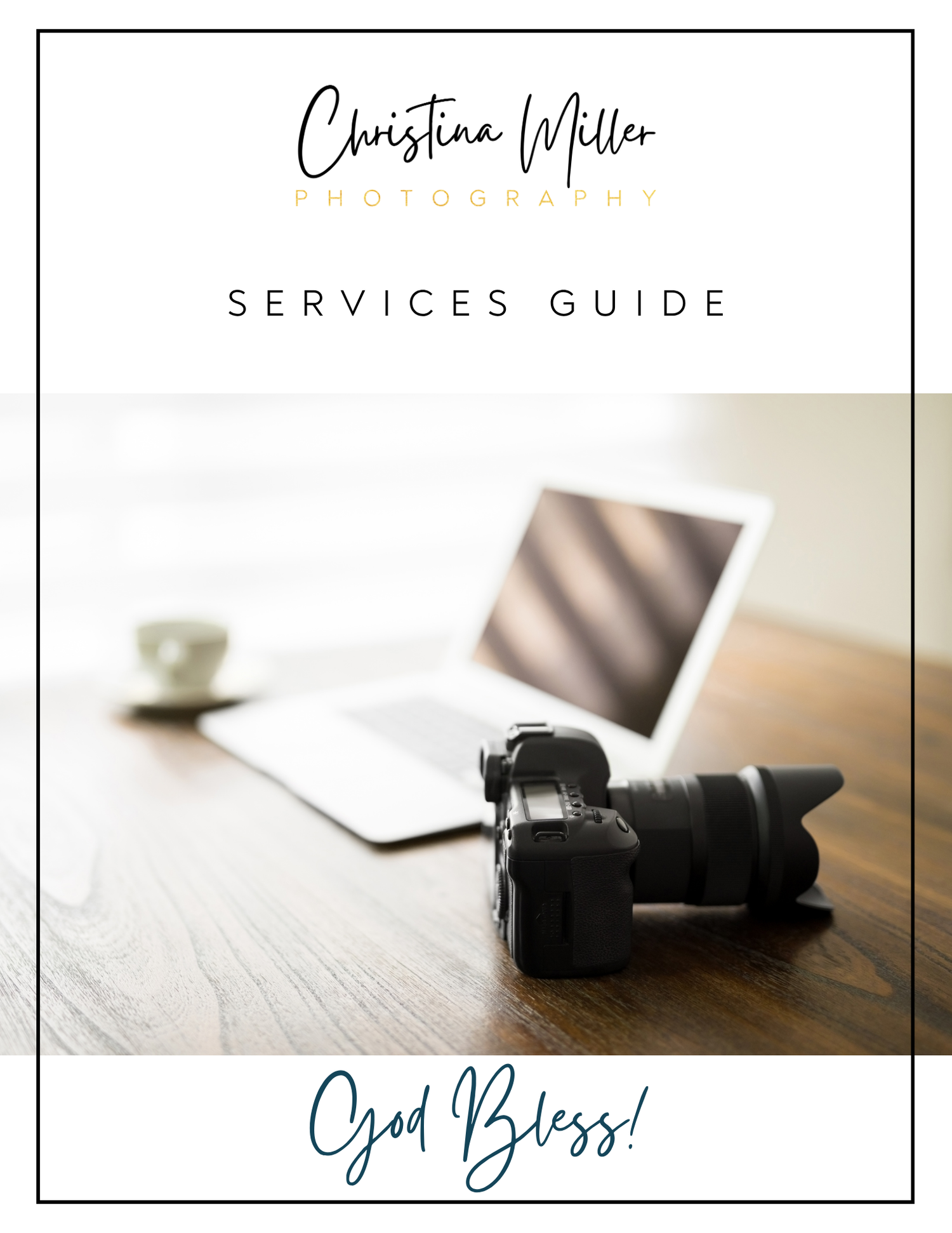 Professional photography services guide with camera equipment and elegant script text on white background.