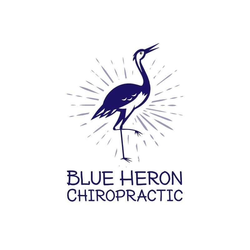 A minimalist logo design of a blue heron bird in a stylized pose with text reading 'Blue Heron Chiropractic'.